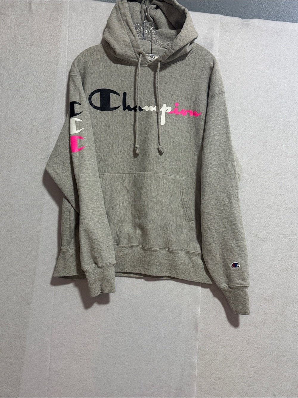 Champion Reverse Weave Gray Hoodie Sweatshirt with Pink & Navy Logo